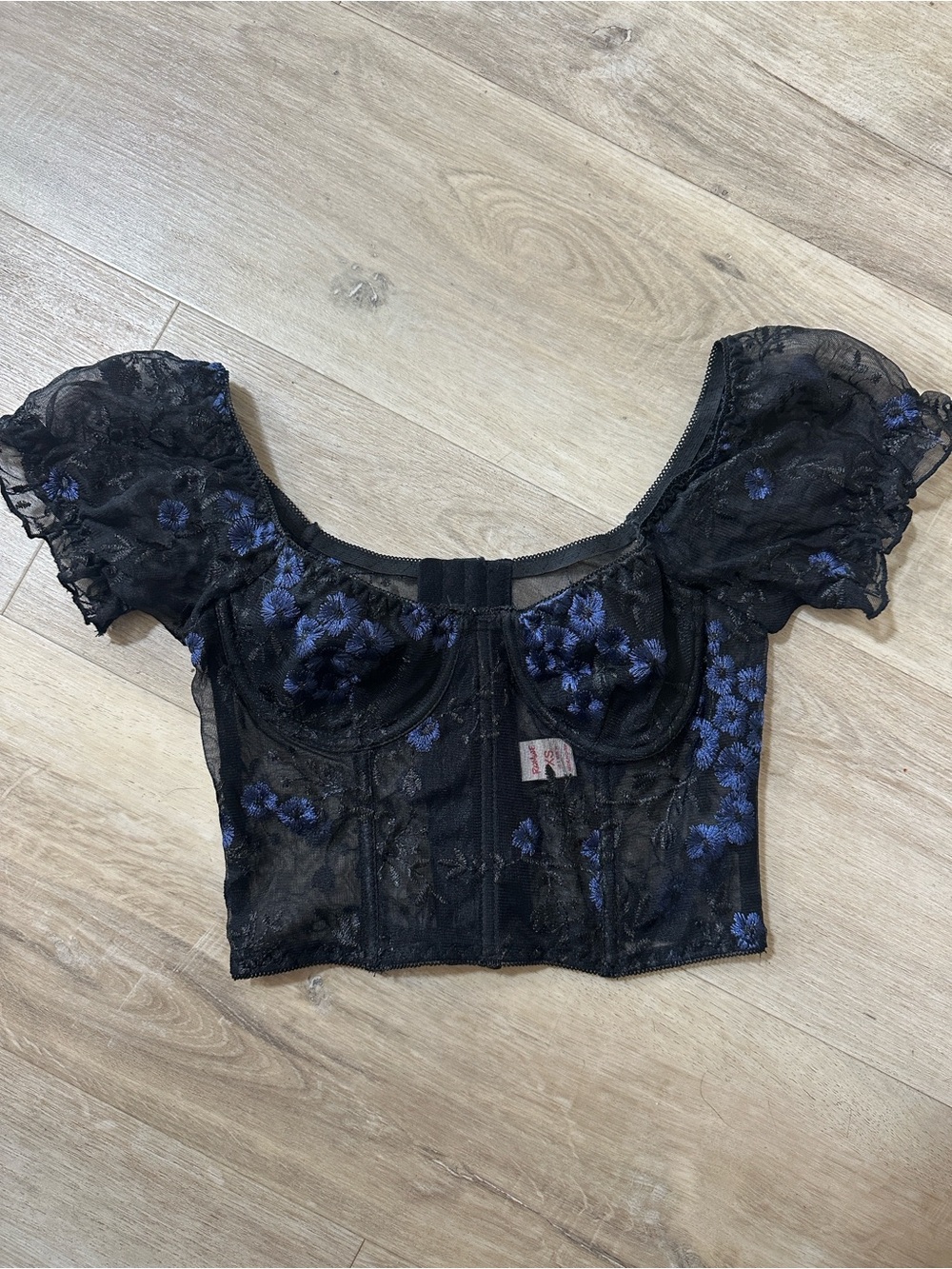 ROMWE Black Sheer Crop Top with Blue Floral Embroidery